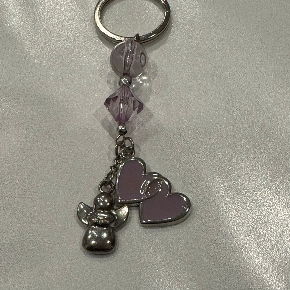 Angel Heart Charm Keychain Beaded Purple Silver Tone Dangle Charm Ring Accessory